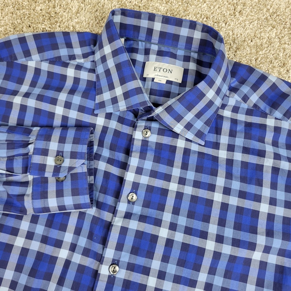 Eton Contemporary Mens 17.75-45 Blue Check Button Up Long Sleeve